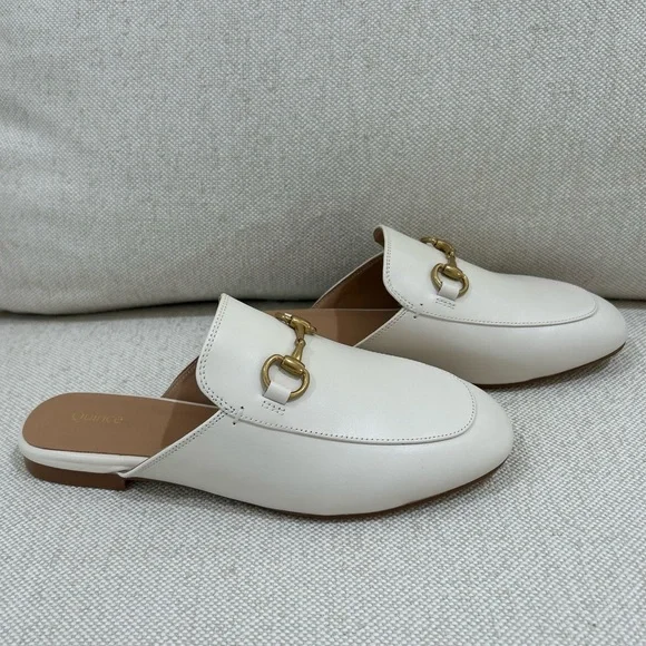 Quince Bone White Italian Leather Mules Classic Gold Horsebit Slides Size 7 - Picture 5 of 11